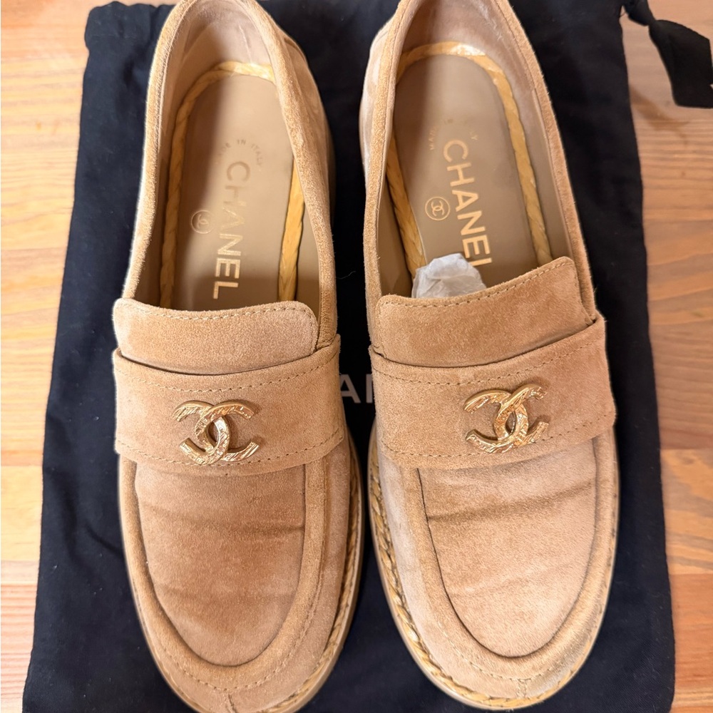 Chanel  Suede Loafers with Gold Emblem